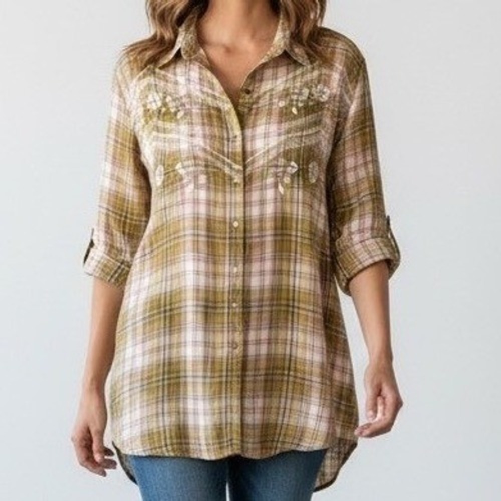 Plaid Button Down Shirt Natural Reflections 2X Gold Modal Cotton Embroidered